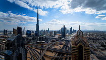 Wide angle timelapse of the Dubai Interchange, with the Burj Khalifa in the background, Dubai, United Arab Emirates, January 2017. Hellier