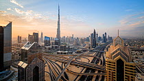 Wide angle timelapse of the Dubai Interchange, with the Burj Khalifa in the background, Dubai, United Arab Emirates, January 2017. Hellier