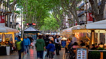 Timelapse of people walking along Las Ramblas, Barcelona, Catalonia, Spain, May 2016. Hellier