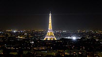 Timelapse of the Eiffel Tower illuminated at night, Paris, FranceMay 2016. (This image may be licensed either as rights managed or royalty free.)