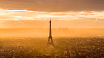 Timelapse of the sun rising over Paris and the Eiffel Tower, France, May 2016. Hellier