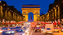 Timelapse at night of cars on the Champs-Elysees in front of the Arc de Triomphe, Paris, FranceMay 2016. Hellier
