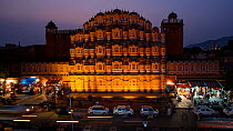 Timelapse from day to night of traffic moving past the Hawa Mahal, (Palace of the Winds), Jaipur, Rajasthan, India, January 2018. Hellier