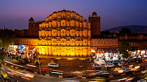 Timelapse of traffic moving past the Hawa Mahal, (Palace of the Winds) at night, Jaipur, Rajasthan, India, January 2018. Hellier