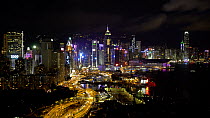 Elevated view of Hong Kong Central district at night, Hong Kong Island, China, June 2017. Hellier