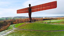 Aerial shot tracking round the Angel of the North sculpture, Gateshead, Tyne and Wear, Eangland, UK, October 2017. Hellier