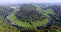 Aerial view of the Wye valley, looking towards Ross on Wye, Forest of Dean, Gloucestershire, England, UK, October 2017. Hellier