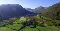 Aerial shot tracking along Borrowdale Valley, looking towards Stonethwaite Beck and the Langstrath Valley, Lake District, Cumbria, England, UK, October 2016. Hellier