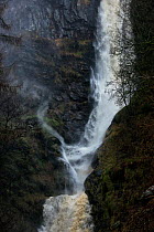 An updraft (vortex) of spiralling air and moisture caused by air being displaced by falling water. Pistyll Rhaeadr waterfall, located a few miles from the village of Llanrhaeadr-ym-Mochnant in Powys,...