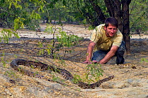 Photographer Axel Gomille, watching Indian python (Python molurus), Rajasthan, India