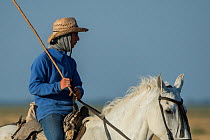 Man on horseback during the annual round up and transfer of the mares and foals from the marsh to the corrals of the town. Donana National Park, Spain. September 2014.
