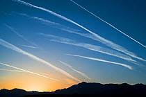 Funeral Mountains with contrails from jet plane traffic streaking the sky at dawn. Death Valley National Park, Mojave Desert, California, USA, April.