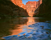 Fern Glen Canyon at sunset, with reflections in the canyon mouth,  Grand Canyon National Park, Arizona, USA.