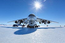 Ilyushin aircraft on blue ice runway near the ALE base at Union Glacier. Antarctica.
