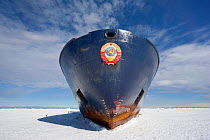Wide angle shot of bow of Russian icebreaker Kapitan Khlebnikov in sea ice, Cape Washington, Ross Sea, Antarctica.
