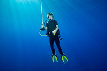 Diver hanging on a line at 15 feet for a decompression stop before surfacing. Kauai, Hawaii. March 2016. Model released.