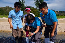 Staff from Ocean Park Conservation Fund, OPCF, and students visit Ha Pak Nai to see the juvenile Chinese horseshoe crabs, (Tachypleus tridentatus) Yuen Long District, New territories, Hong Kong, China...