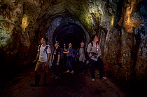 Group of herpetologists exploring an underground water catchment tunnel, Shek Pik, Lantau Island, Hong Kong, China. June, 2016.