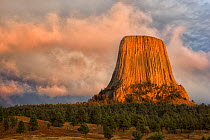 Devil&#39;s Tower National Monument, laccolithic butte composed of igneous rock. Bear Lodge Mountains, Sundance, Crook County, Wyoming, USA. September 2017.