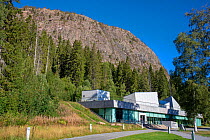 Naturum High Coast Visitor Centre with Skuleberget mountain in background, High Coast World Heritage Site, Vasternorrland, Sweden. August, 2018.