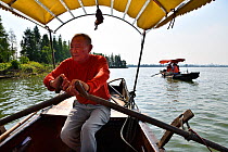 Man rowing boat, East Lake Greenway park, Wuhan, Hubei, China. June 2018