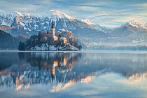 Church of the Assumption of St. Mary and Bled Castle, Bled Island, Julian Alps, Slovenia, January 2010.