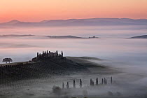 View over The Belvedere at dawn, San Quirico d&#39;Orcia, Val d&#39;Orcia, Tuscany, Italy, May 2018.