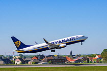 Ryanair Boeing 737-8AS, short- to medium-range twinjet narrow-body airliner taking off from runway, Brussels Airport, Belgium, May 2018