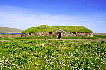 Replica of Norse Viking longhouse at Brookpoint, Unst, Shetland Islands, Scotland, UK, May 2018