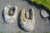 Stone querns at Jarlshof, archaeological site showing 2500 BC prehistoric and Norse settlements at Sumburgh Head, Shetland Islands, Scotland, UK