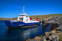 Bigga, passenger and car ferry that operates on Bluemull sound service, SIC Ferries leaving Belmont on Unst, Shetland Islands, Scotland, UK, 2018