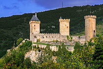 The medieval Chateau de Foix castle overlooking the town Foix, Ariege, Occitanie, France, September 2018