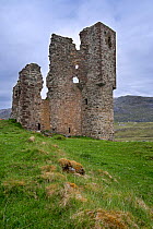 Tourists visiting 16th century Ardvreck Castle ruin at Loch Assynt in the Scottish Highlands, Sutherland, Scotland, UK, May 2017