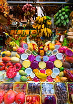 Fruit stall in Vegueta market, Las Palmas city, Gran Canaria Island, The Canary Islands. August 2018.