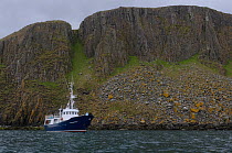 Small cruise ship &#39;Elizabeth G&#39; anchored at the Shiants in the Western Isles, Scotland. May 2008.