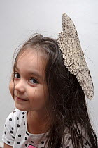Girl with a large White Witch moth (Thysania agrippina) on her head. Iquitos, Peru. Model released.