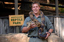 Herpetologist holding a Carpet or Diamond Python (Morelia spilota), The Australian Reptile Park, Gosford, New South Wales, Australia. April. (Editorial use only)