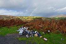 Fly tipping of domestic waste at a Wesh beauty spot, Mynd Llangatwg. Brecon Beacons National Park, Wales. November 2018.