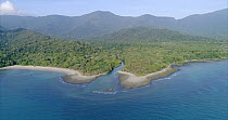Aerial tracking shot from the mouth of Emmagen Creek towards the Daintree Rainforest, Wet Tropics World Heritage Area, North Queensland, Australia. 2017.