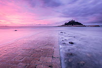 St Michael's Mount and old causeway at sunrise, Marazion, Cornwall, UK. October 2015.