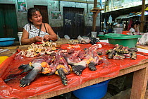 Various pieces of different endangered tortoises and terrapin species from the Amazon basin are sold int the Belen market, Iquitos, Peru. July 2014.