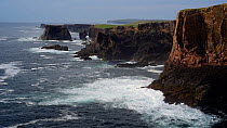 Wide-angle shot of sea cliffs and stacks, Hermaness NNR, Unst, Shetland Islands, Scotland, UK, May.