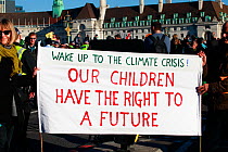 &#39;Wake up to the Climate Crisis. Our Children have a right to a Future&#39; placard at Extinction Rebellion demonstration. Five bridges across the Thames were blocked to draw attention to climate c...