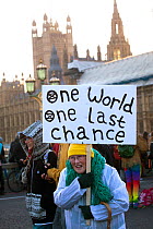 Woman holding &#39;One World One Last Chance&#39; placard during Extinction Rebellion demonstration to draw attention to climate change. Five bridges across the Thames were blocked. Houses of Parliame...