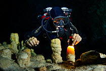 Scuba diver shining torch at a stalagmine inside cenote Tajma Ha, Quintana Roo, Yucatan Peninsula, Mexico.
