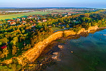 Aerial view of Baltic Sea coast and Baltic Klint cliffs in morning light. Harjumaa, Northern Estonia. May 2018.