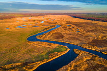 Suur Emiaogi River meandering through meadows and marshland, aerial view at sunset. Alam-Pedja Nature Reserve, Tartumaa, Southern Estonia. November 2018.