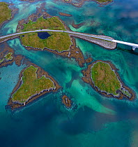 Bridge across islands, aerial view. Moskenesoy, Lofoten Islands, Norway. June 2017.