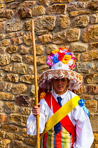 Man in traditioanl costume at Carnival of Zamarrones, Pejanda village, Polaciones valley, Cantabria, Spain. February 2013.