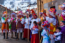 Men in traditional costumes, Carnival of Zamarrones, Lombrana village, Polaciones valley, Cantabria, Spain.